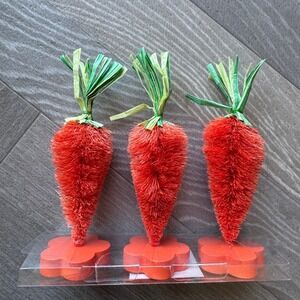Set of 3 Sisal Bottle Brush Carrots Easter Spring Decor on Wood Flower Bases